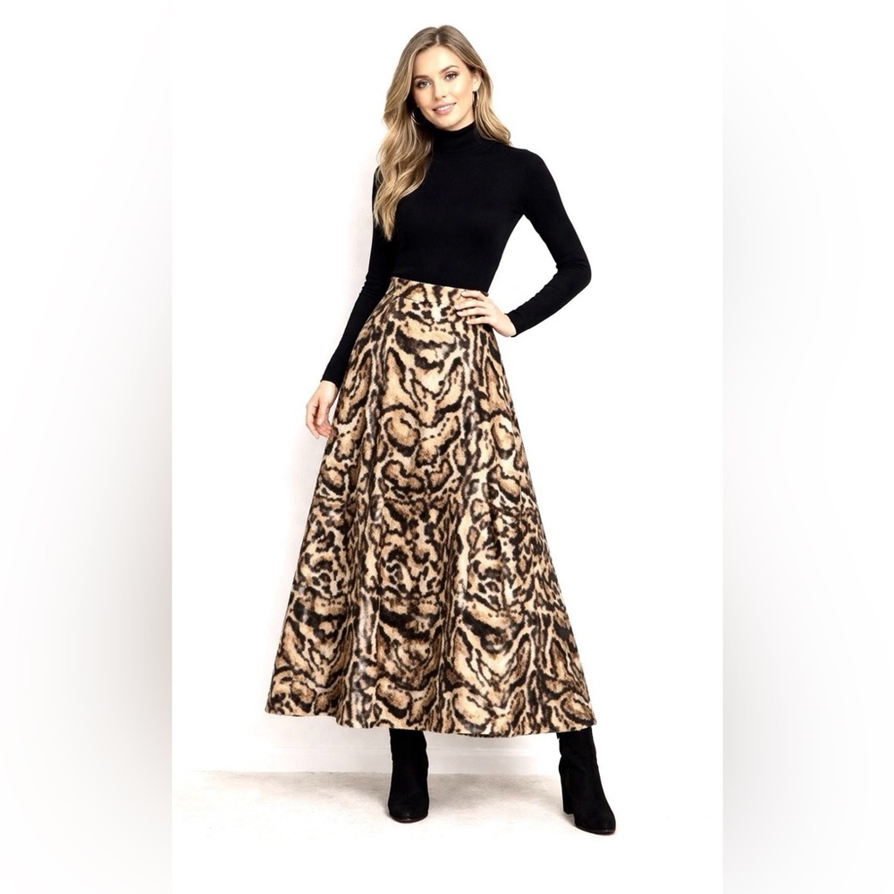 Vintage Faux Fur Animal Print Maxi Skirt High Waist A-Line XS